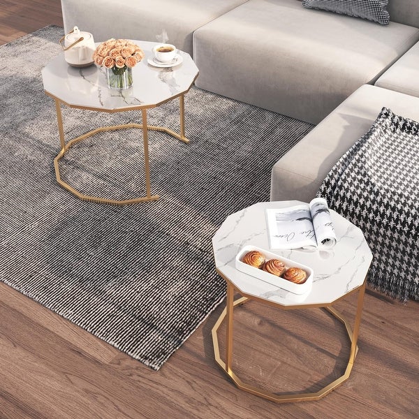 Nesting Coffee Table / End table with 12-sided Artificial Marble Top and Metal Legs