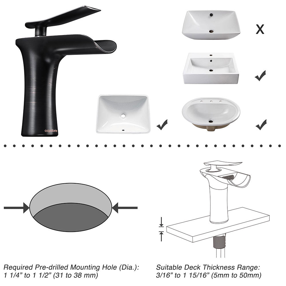 Aquaterior Waterfall Bathroom Sink Faucet 1-Handle Cold & Hot, 6.5