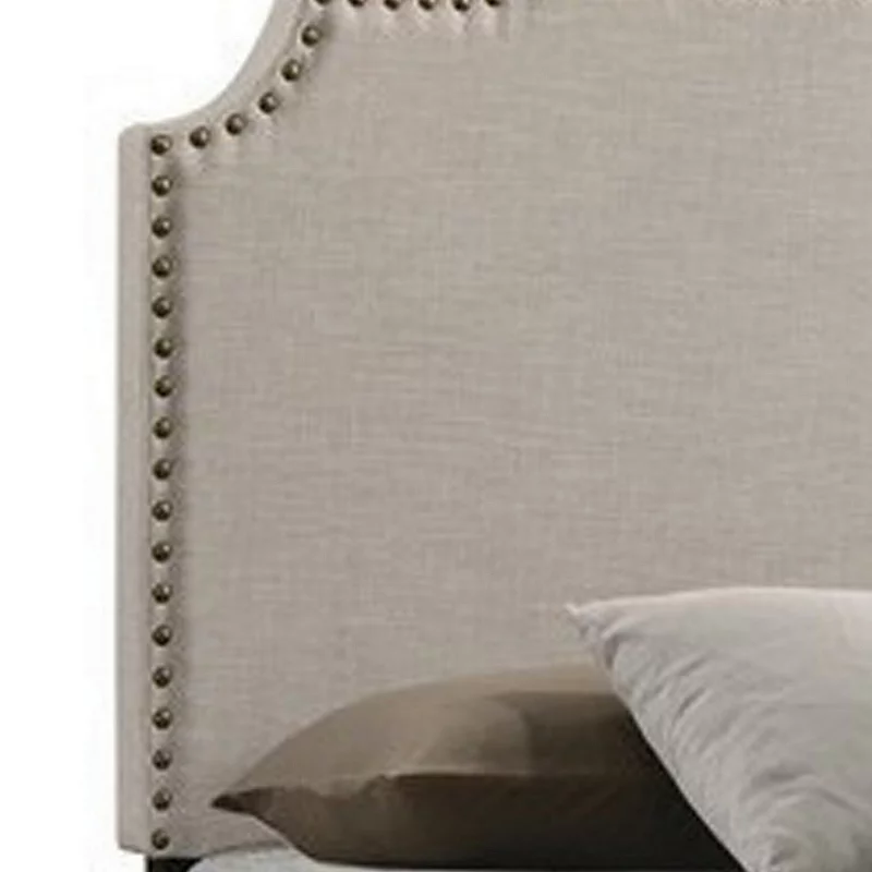 Fabric Upholstered Wooden Queen Size Bed with Nailhead Trims， Beige