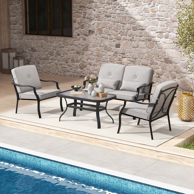 Costway 4 Pcs Patio Furniture Set Outdoor Conversation Sofa Tempered Glass Coffee Table