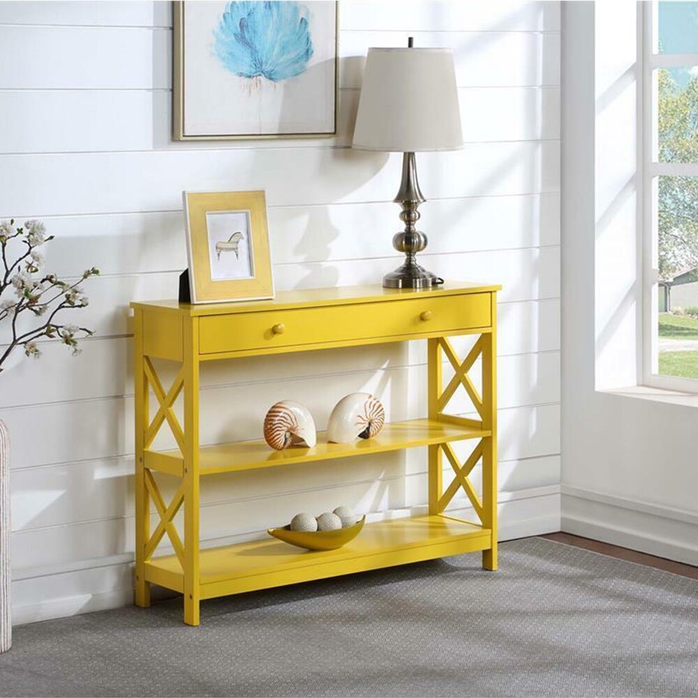 One Drawer Console Table with Shelves in Yellow Wood   54 x 84