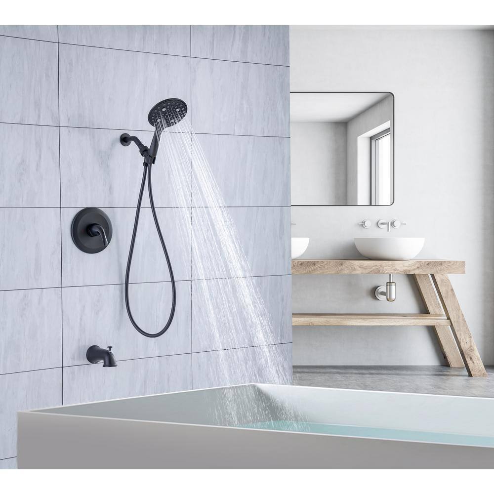 Mondawe Mondawell 6-Spray Patterns 6 in. Wall Mount Handheld Shower Head with Spout and Valve in Matte Black MA-D92102H-6