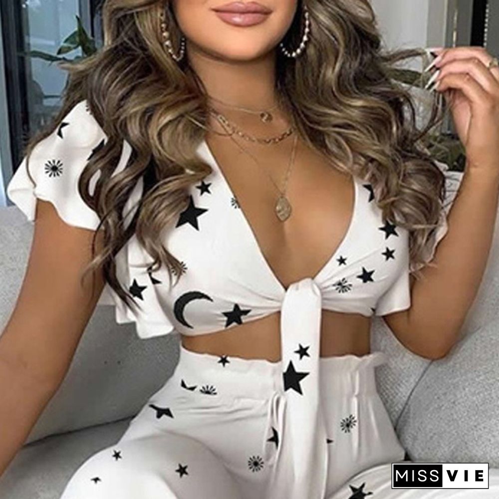 Women Summer Print Crop Top Sleeveless Wide Leg Pants Suit Two Piece Set High Waist Outfit Casual Beach