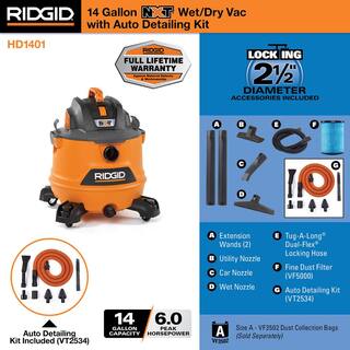 RIDGID 14 Gallon 6.0 Peak HP NXT WetDry Shop Vacuum with Fine Dust Filter Hose Accessories and Premium Car Cleaning Kit HD1401