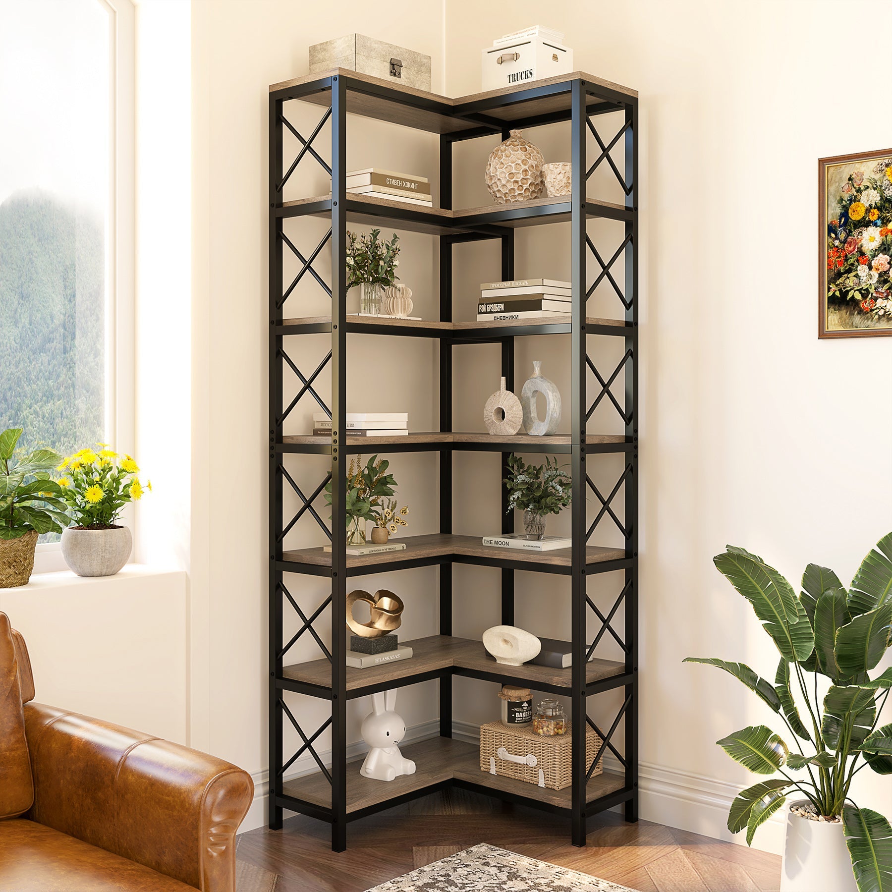 7-Tier Corner Bookshelf Corner Bookcase Storage Display Rack