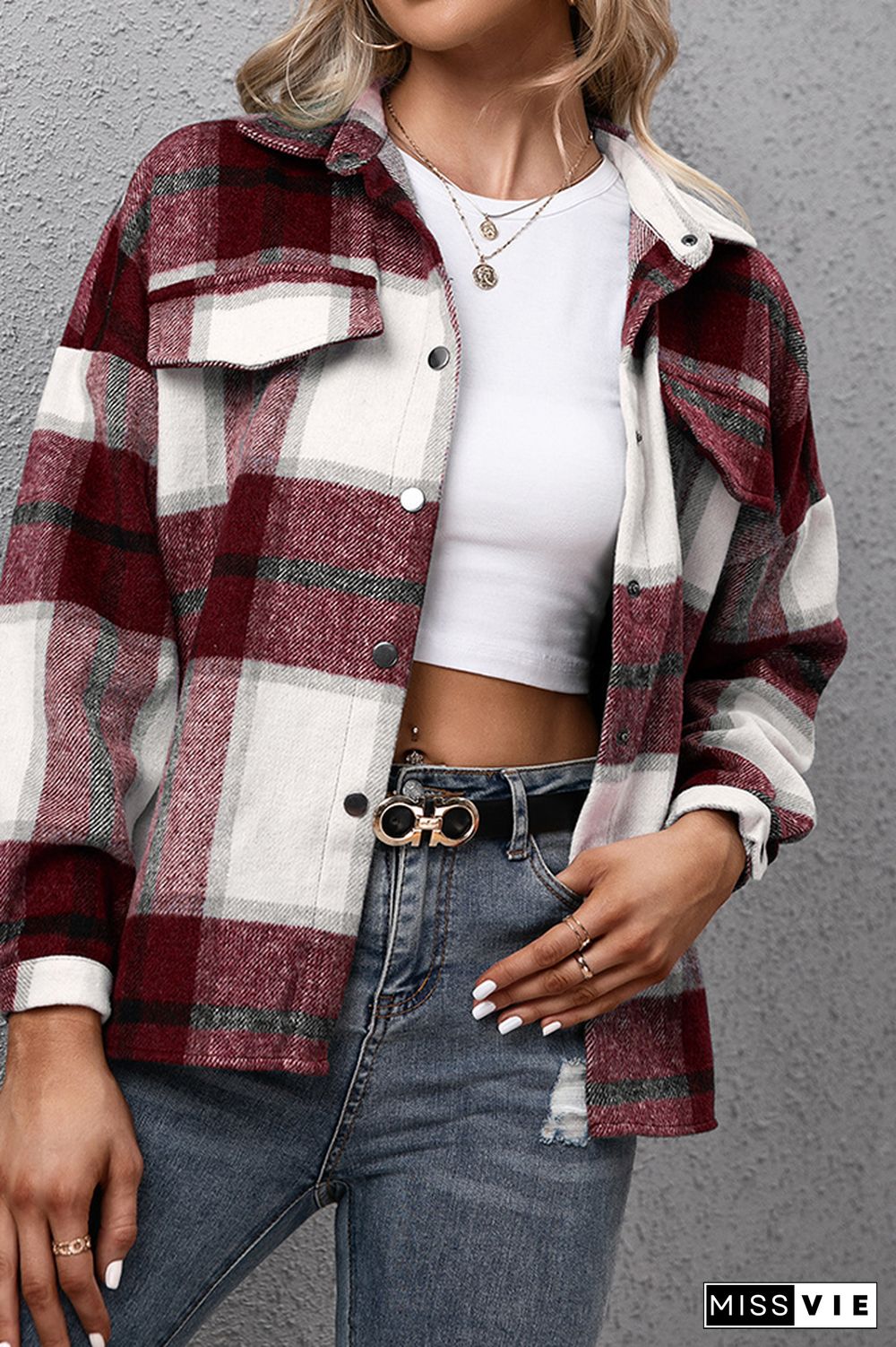 Plaid Turn Down Neck Button Down Shacket Jacket Women Wholesale