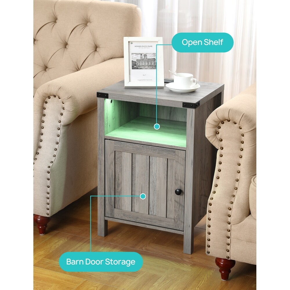 Nightstand with Charging Station And RGB Light Strip Barn Door Cabinet  Open Shelf