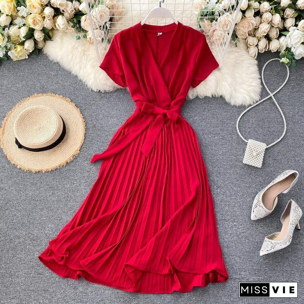 Autumn Fashion New Female Solid Pleated Dress Women V neck Short Sleeves Sashes Long Dresses Summer Streetwear Vintage