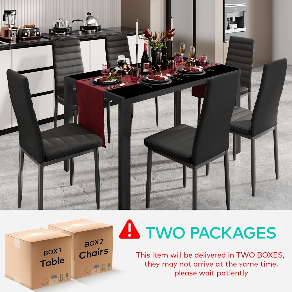 7 Piece Glass Dining Table Set for 6 with High Back PU Leather Chairs