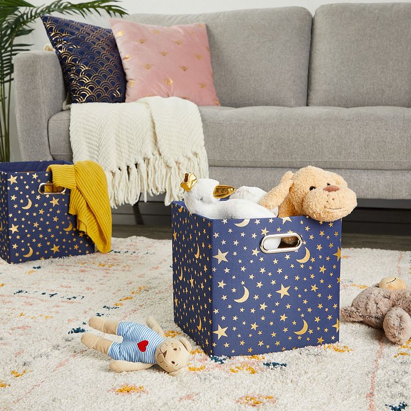 Blue Foldable Cube Storage Bins with Gold Moons and Stars (11 Inches， 4 Pack)