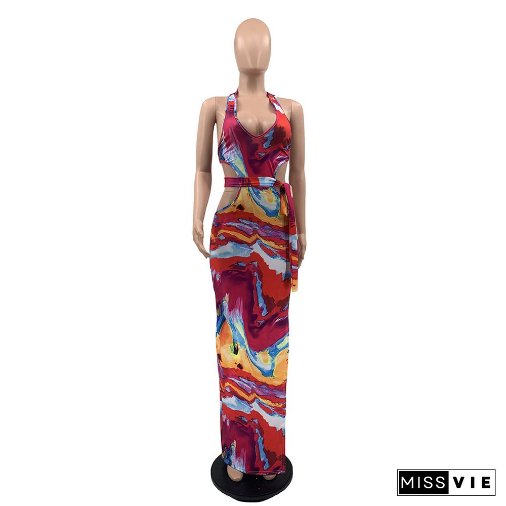 Sexy Tie Dye Summer Woman Clothes Lace Up Hollow Out Backless Split Halter Chic Skinny Long Dress