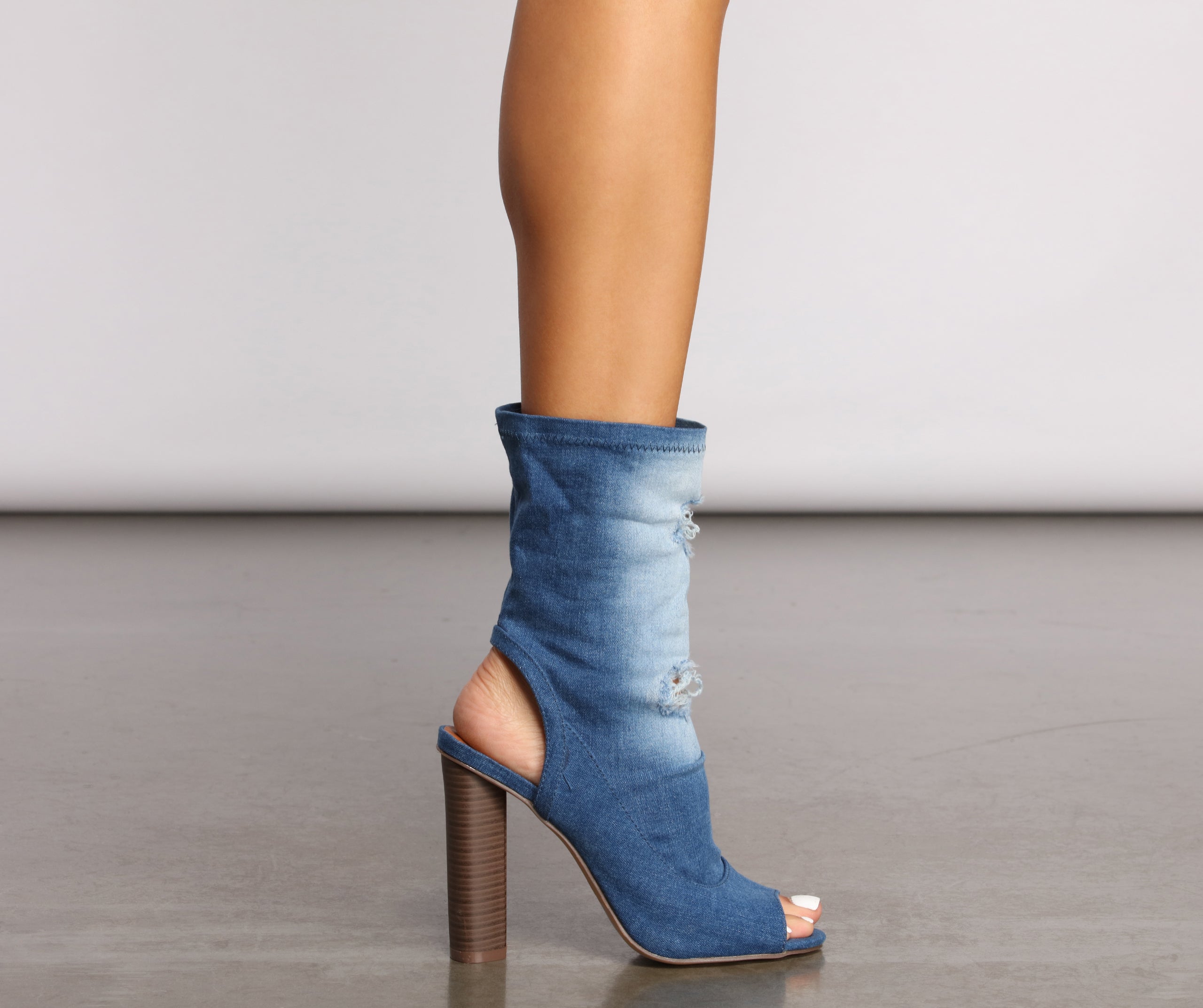 Distressed Denim Block Heel Booties