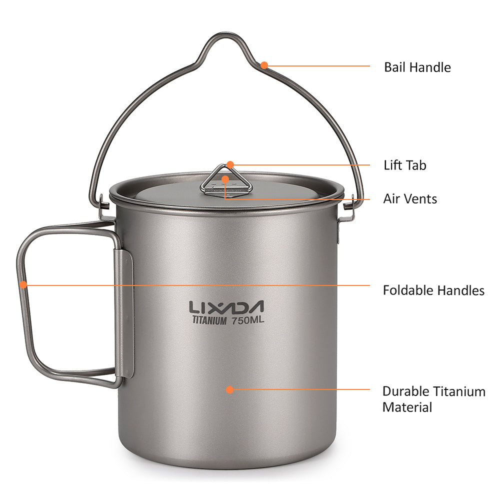 Lixada Lightweight Titanium 3 Pieces Set Titanium 750ml Pot 350ml Water Cup Mug with Lid Collapsible Handle Folding Spork for Outdoor Camping Hiking Backpacking