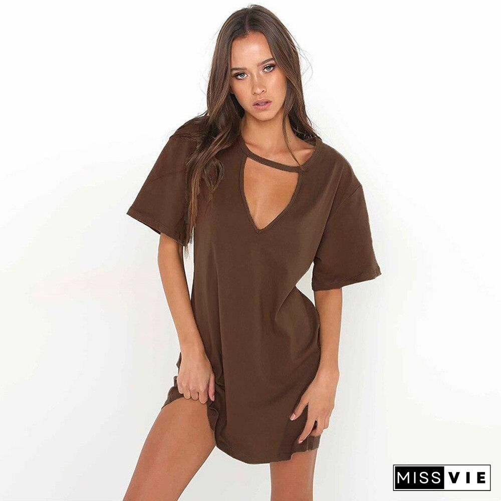 Leosoxs New Summer Fashion Sexy Deep V Neck Solid Women's Mini Dress Casual Short Sleeve Loose Ladies  Home Sleep Dresses