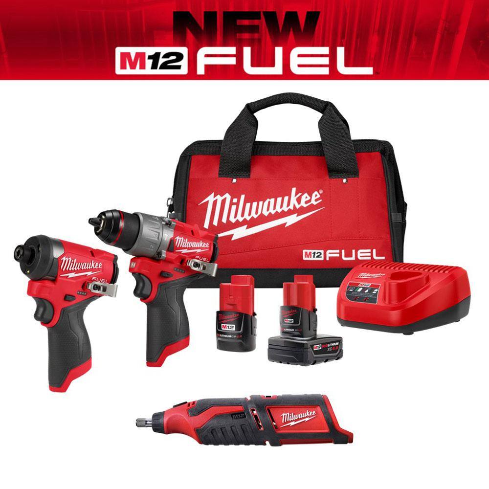 MW M12 FUEL 12-Volt Lithium-Ion Brushless Cordless Hammer Drill and Impact Driver Combo Kit (2-Tool) with Rotary Tool 3497-22-2460-20