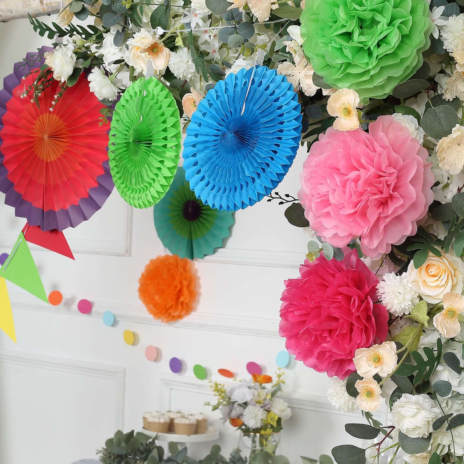 20Pcs Multicolored Hanging Fiesta Themed Party Decorations Kit, Paper Fans, Pom Pom Flowers, Polka Dot and Bunting Flag Garlands Included