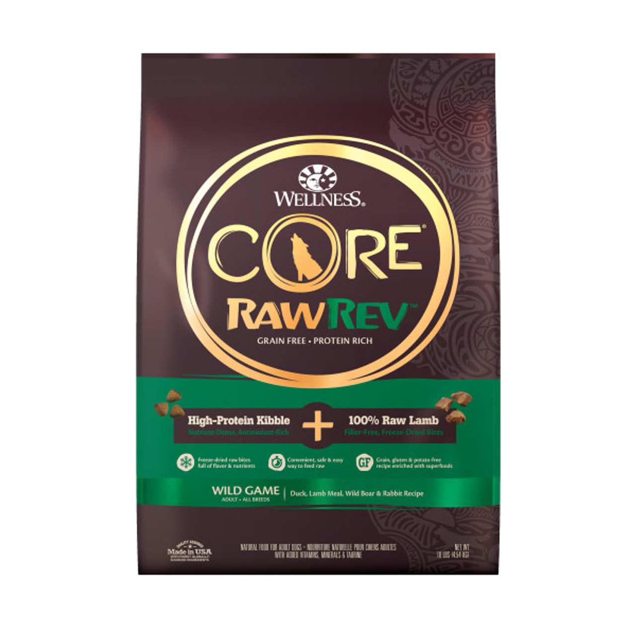 Wellness Core RawRev Grain-Free Wild Game Recipe With Freeze Dried Lamb Dry Dog Food， 10 Lb. Bag