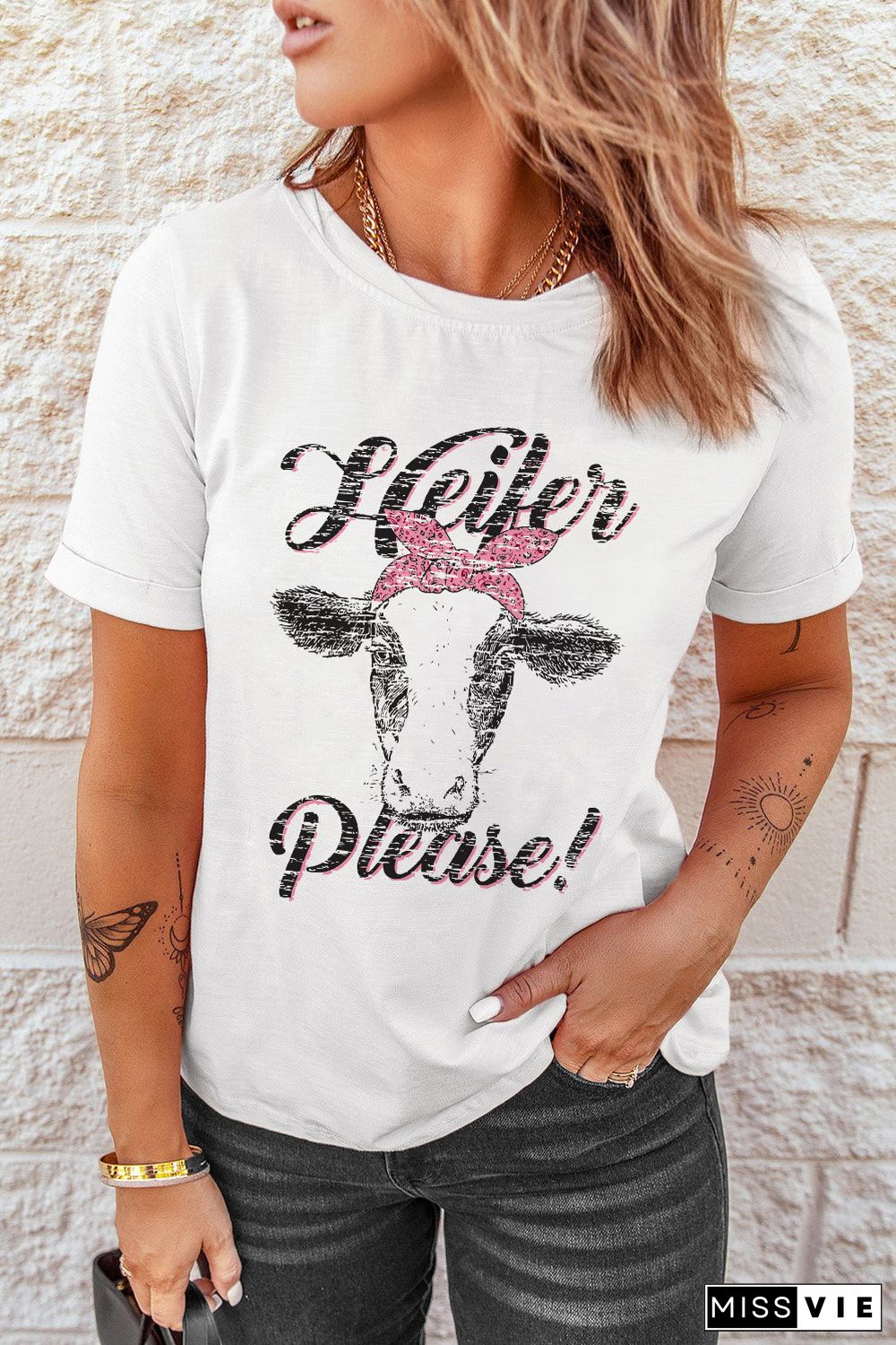 White Heifer Please Cute Graphic Print T Shirt