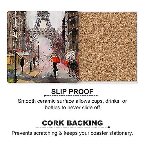 Colourlife Street View Of Paris Oil Painting Printed Square Ceramic Coaster For Drinks With Cork Base For Coffee Cups Place Mats For Home Decor Set Of