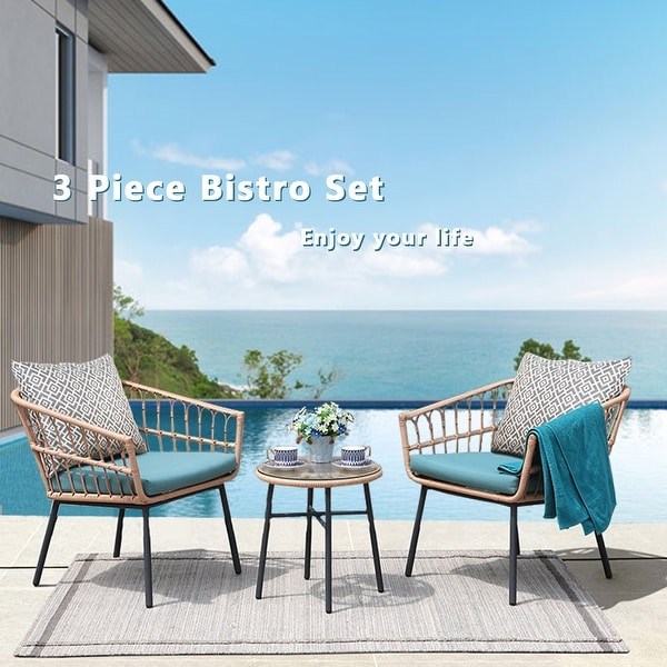 3 Piece Outdoor Conversation Bistro Set with Tempered Coffee Table and Wicker Chairs (Green)