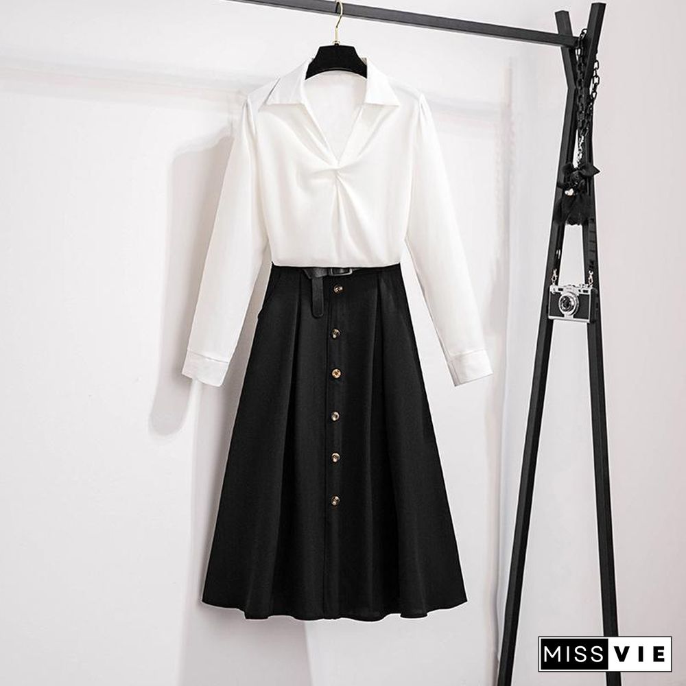 Fashion V-Collar Blouse+Belt Skirt P11743