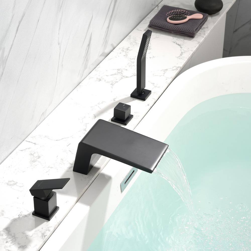 Boyel Living Single-Handle Tub Deck Mount Roman Tub Faucet with Hand Shower and Water Suply Hose in Matte Black SMD-1724B