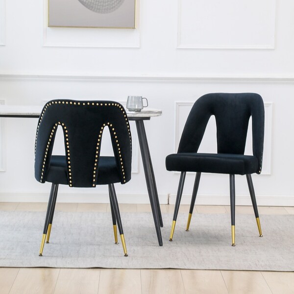 Modern | Contemporary Velvet Upholstered Dining Chair with Nailheads and Gold Tipped Black Metal Legs