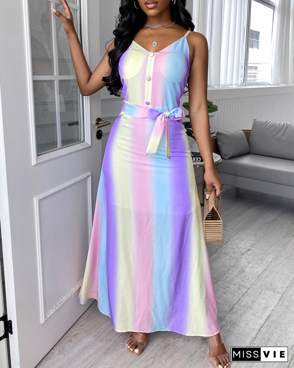 Rainbow Ombre Belted Cami Dress