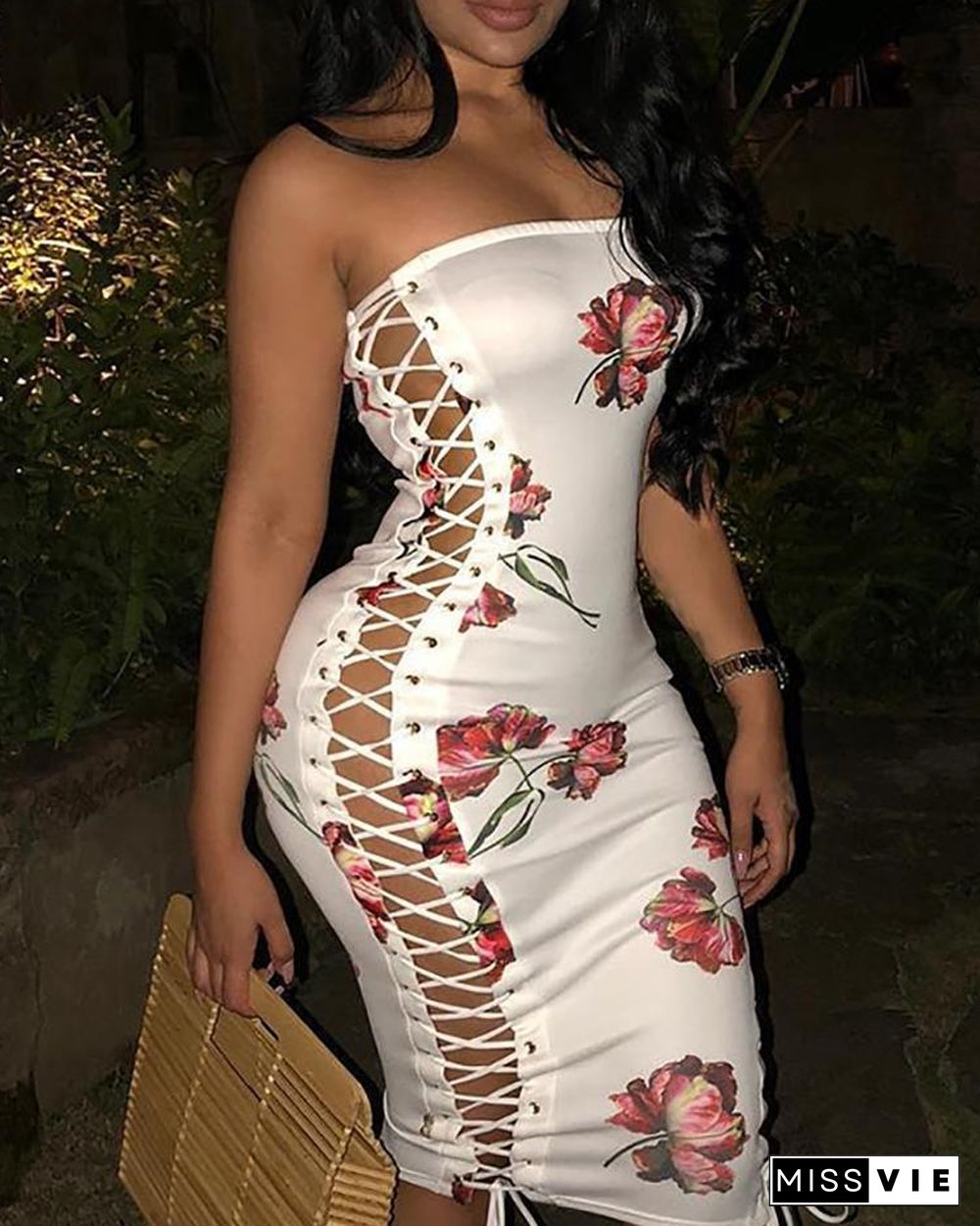 Floral Lace-Up Side Strapless Bodycon Dress P11815