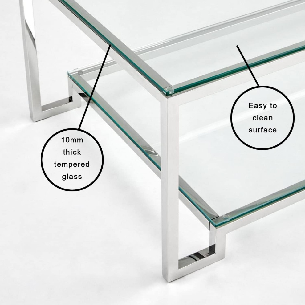 Modern Coffee Table  Stainless Steel Frame With Glass Top  ampLow Shelf   Contemporary   Coffee Tables   by Decor Love  Houzz