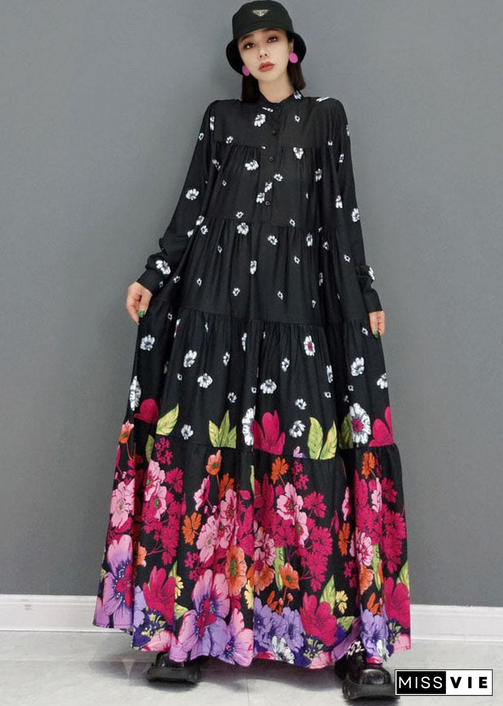 Women Black Stand Collar Floral Print Cotton Long Dress Long Sleeve