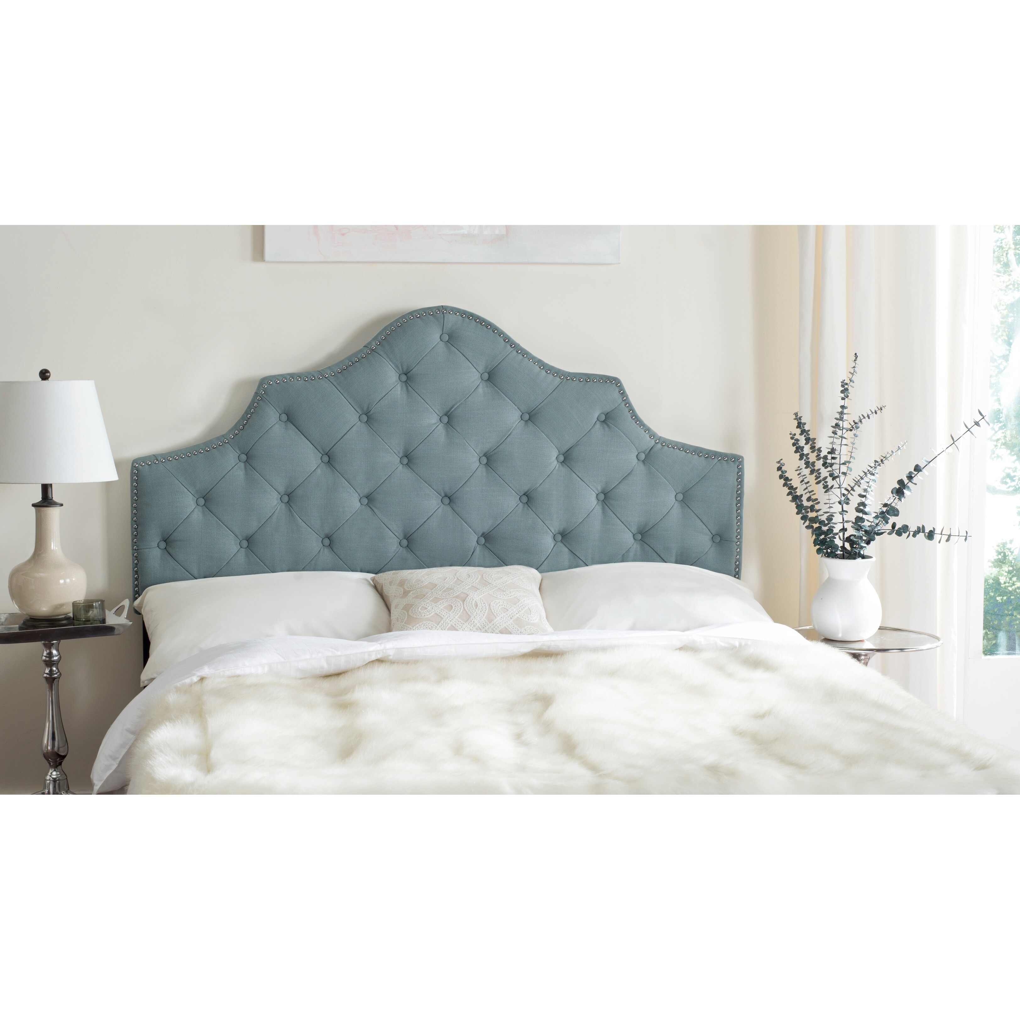 SAFAVIEH Arebelle Sky Blue Upholstered Tufted Headboard - Silver Nailhead (Queen) - - 9989379