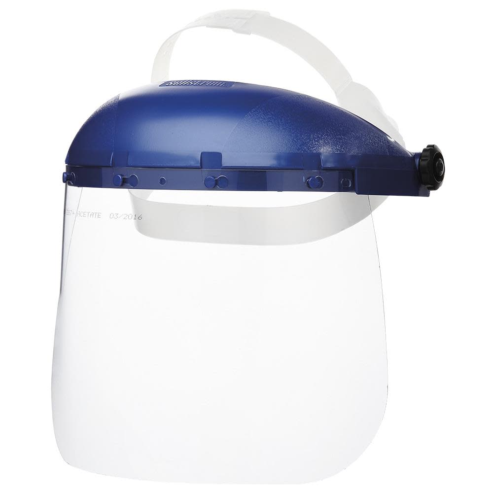 Single Crown Safety Face Shield with Pin-Lock Headgear， Polycarbonate Window， Clear Tint， Uncoated， Blue Crown