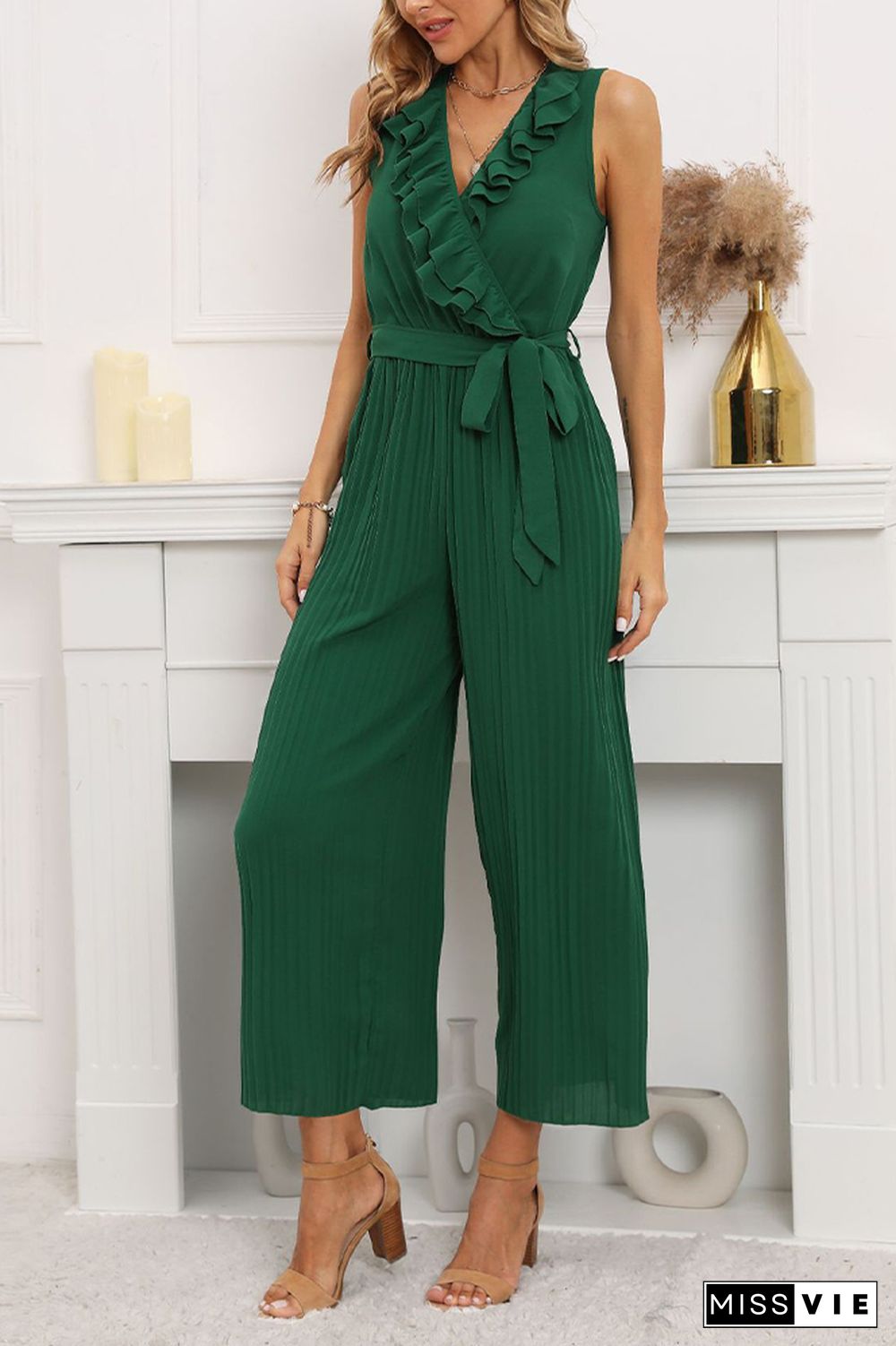 V Neck Ruffles Pleated Sleeveless Jumpsuit