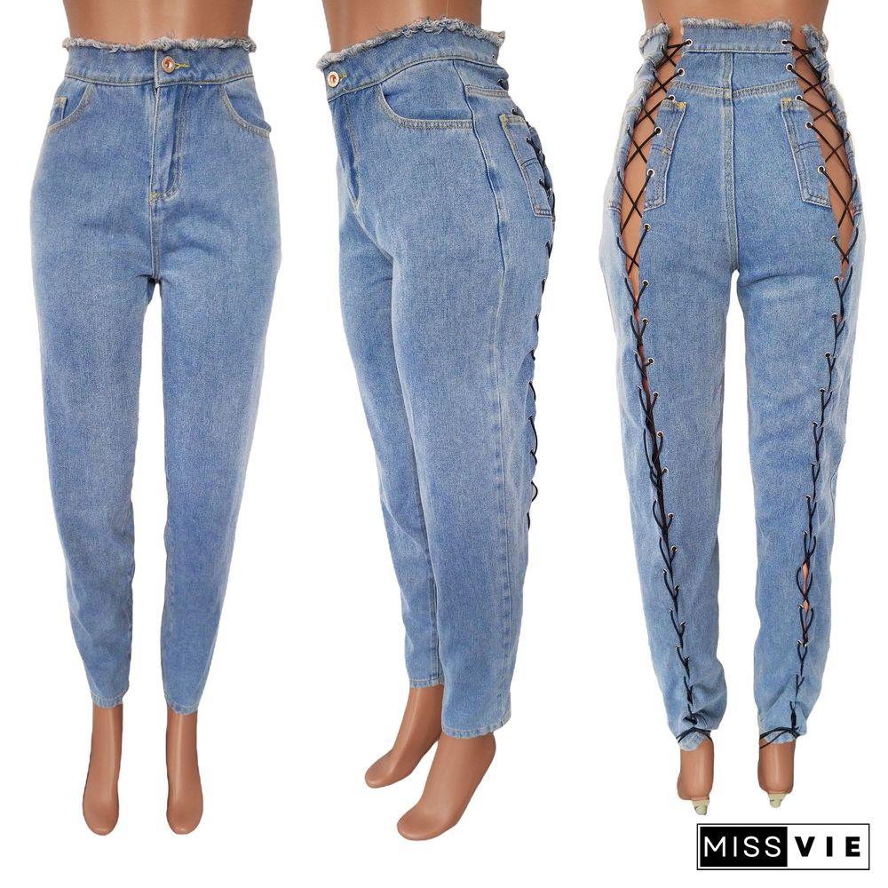 Summer Streetwear Mid Waist Bandage Skinny Jeans