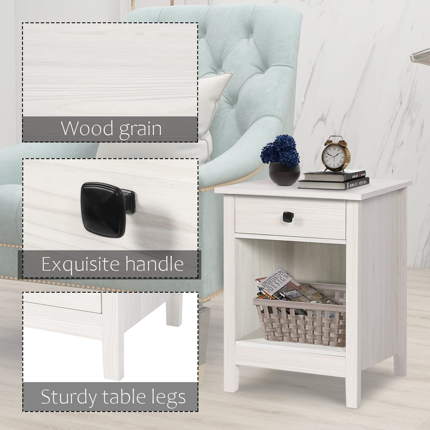 Nightstands for Bedroom - Set of 2 Wooden Night Stand, Bedside Table, Bedroom Nightstand with Drawers, Farmhouse Style Bedroom Furniture (White Wood Grain, 1-Drawer)