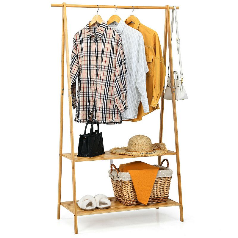 Wicker Clothes Hanging Rack with 2-Tier Storage Shelf for Entryway Bedroom-Natural