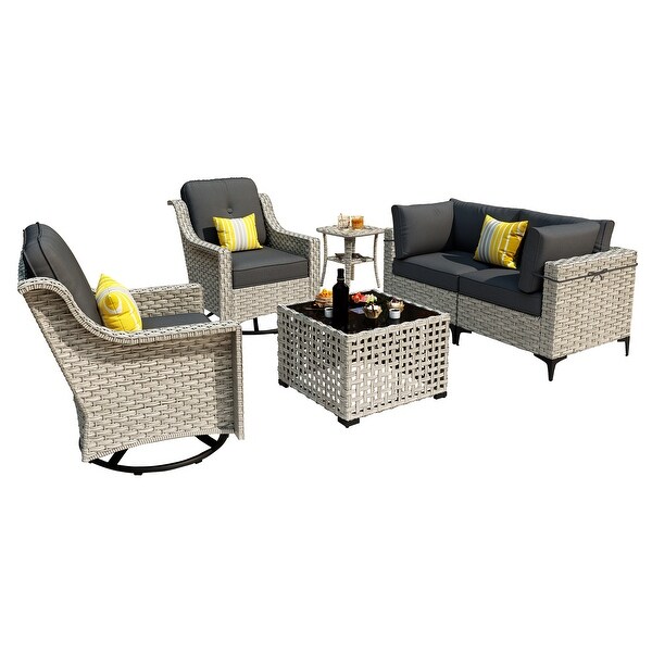 OVIOS 6 Pieces Outdoor Wicker Swivel Chair Set With SolarPowered Coffee Table