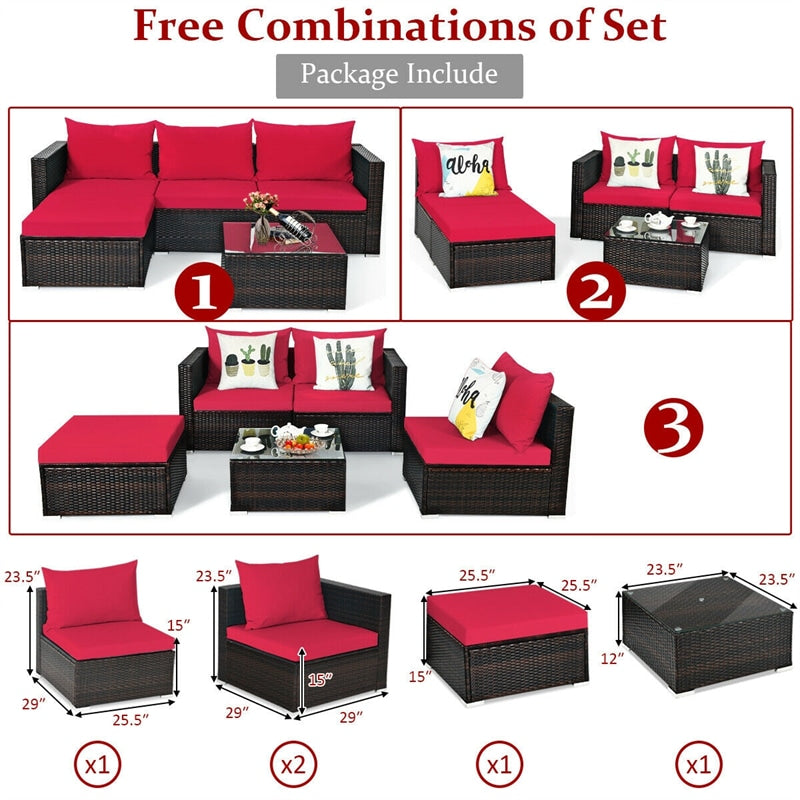 5 Pcs Rattan Wicker Outdoor Patio Sectional Furniture Set with Coffee Table & Cushions