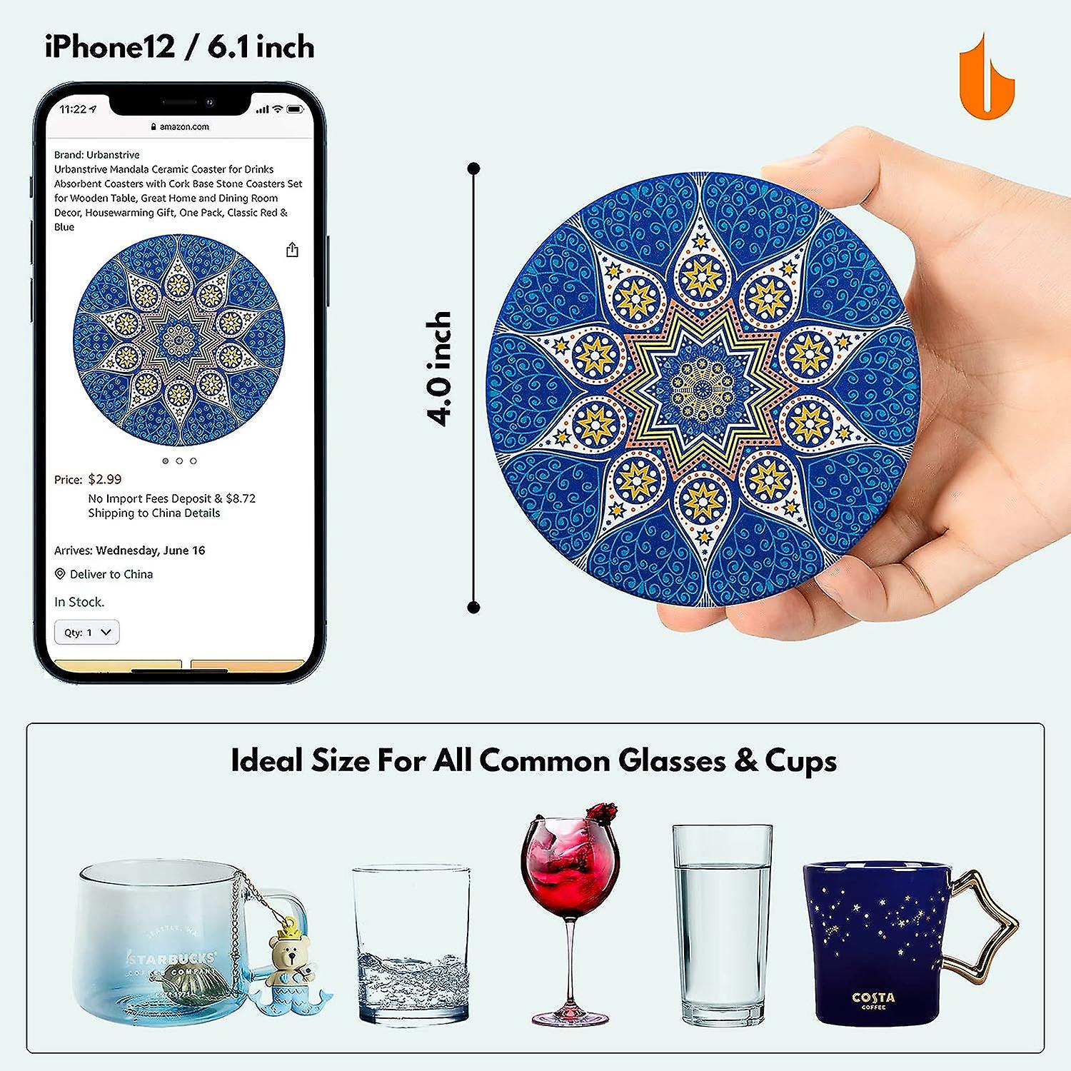 Mandala Ceramic Coaster For Drinks Absorbent Coasters With Cork Base Stone Coasters Set For Wooden Table， Great Home And Dining Room Decor， Housewarmi