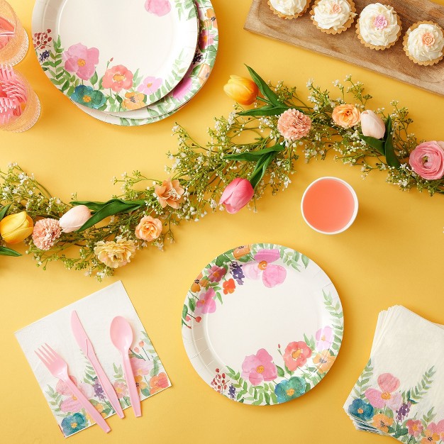 144 Piece Watercolor Tea Party Supplies With Pink Floral Paper Plates Napkins Cups And Cutlery Disposable Tableware Set Serves 24