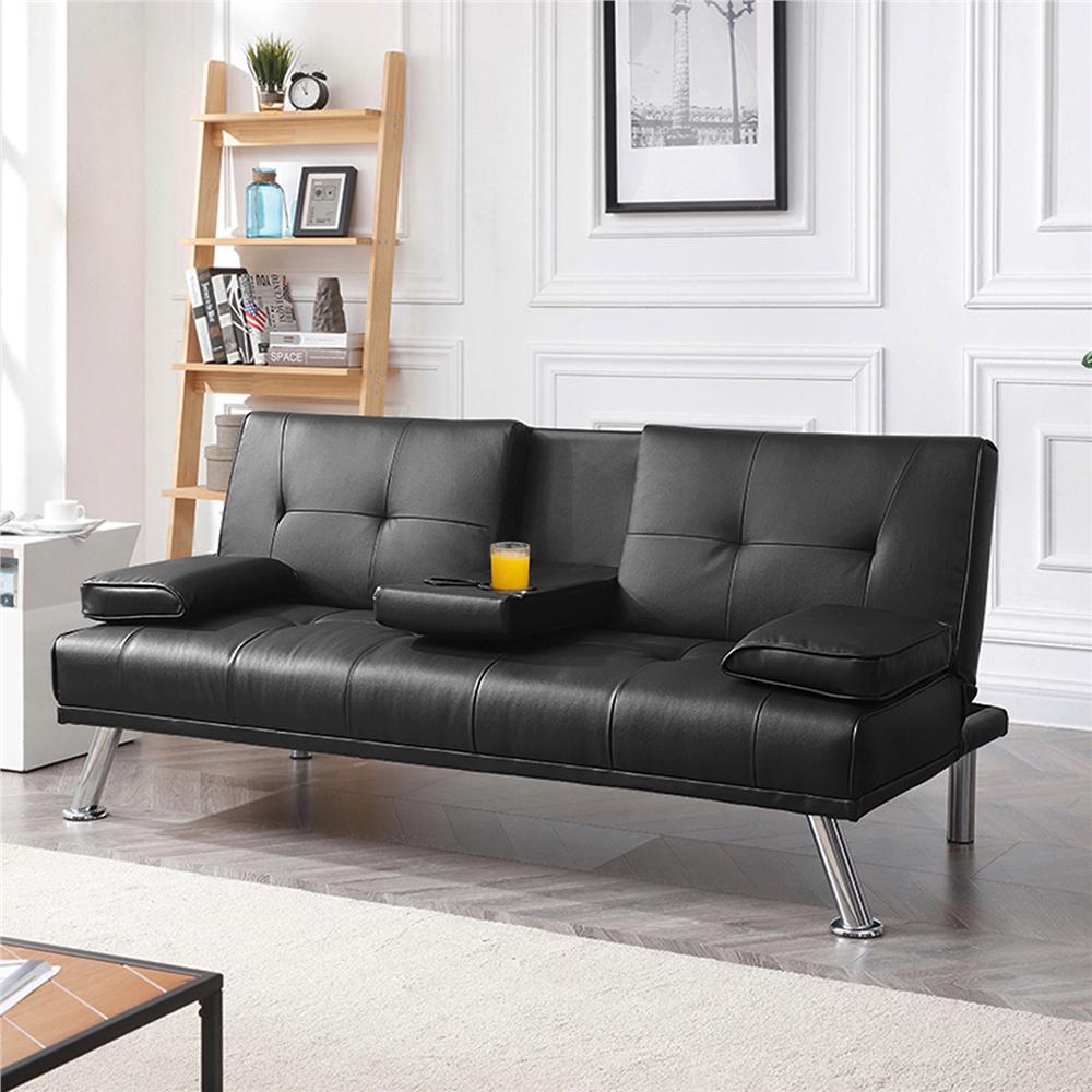 LuxuryGoods Modern Faux Leather Futon with Cupholders and Pillows Black  Crowdfused