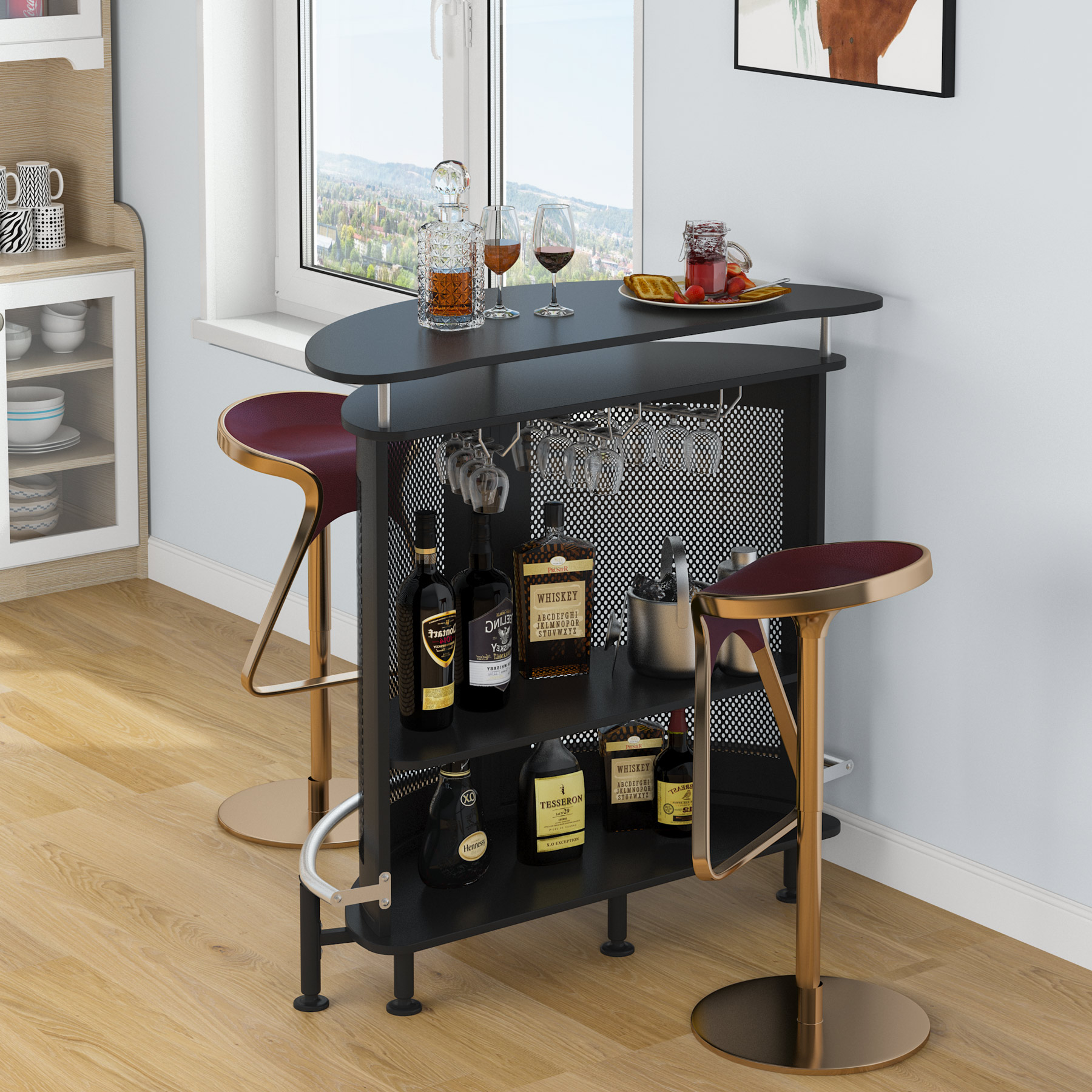 Tribesigns Bar Unit with Metal Mesh Front， Modern Home Liquor Bar Table with Wine Glass Holders Storage and Footrest， Ideal for Home/Kitchen/Bar/Pub