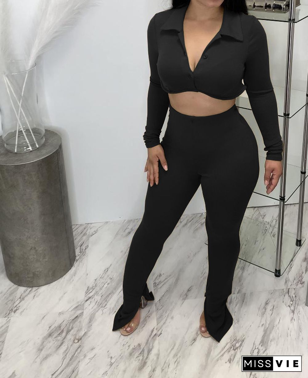 Solid Long Sleeve Button Up Crop Top Slit Pants Set