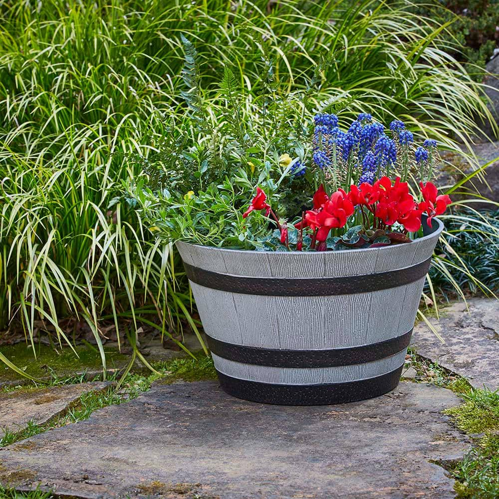 Southern Patio 22.24 in. Dia x 13 in. H 59 qt. Birchwood Gray High-Density Resin Whiskey Barrel Outdoor Planter HDR-055488