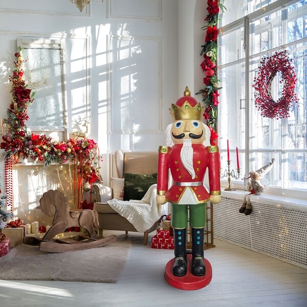 Christmas Time 5Ft. Nutcracker King Wearing a Crown，Resin Figurine w/ LED Lights，Christmas Holiday Decor，Red