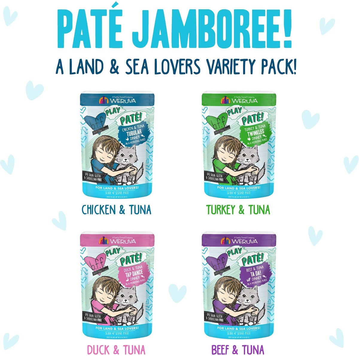 Weruva Best Feline Friend Paté Lovers， Aw Yeah! Paté Jamboree! Variety Pack Grain-Free Wet Cat Food， 2.8-oz pouch， case of 12