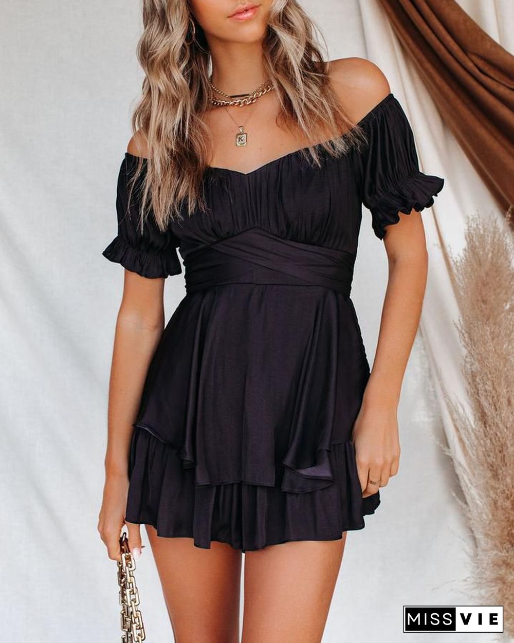 Dressy Frill Ruched Layered Ruffle Off Shoulder Tie Back Romper Dress