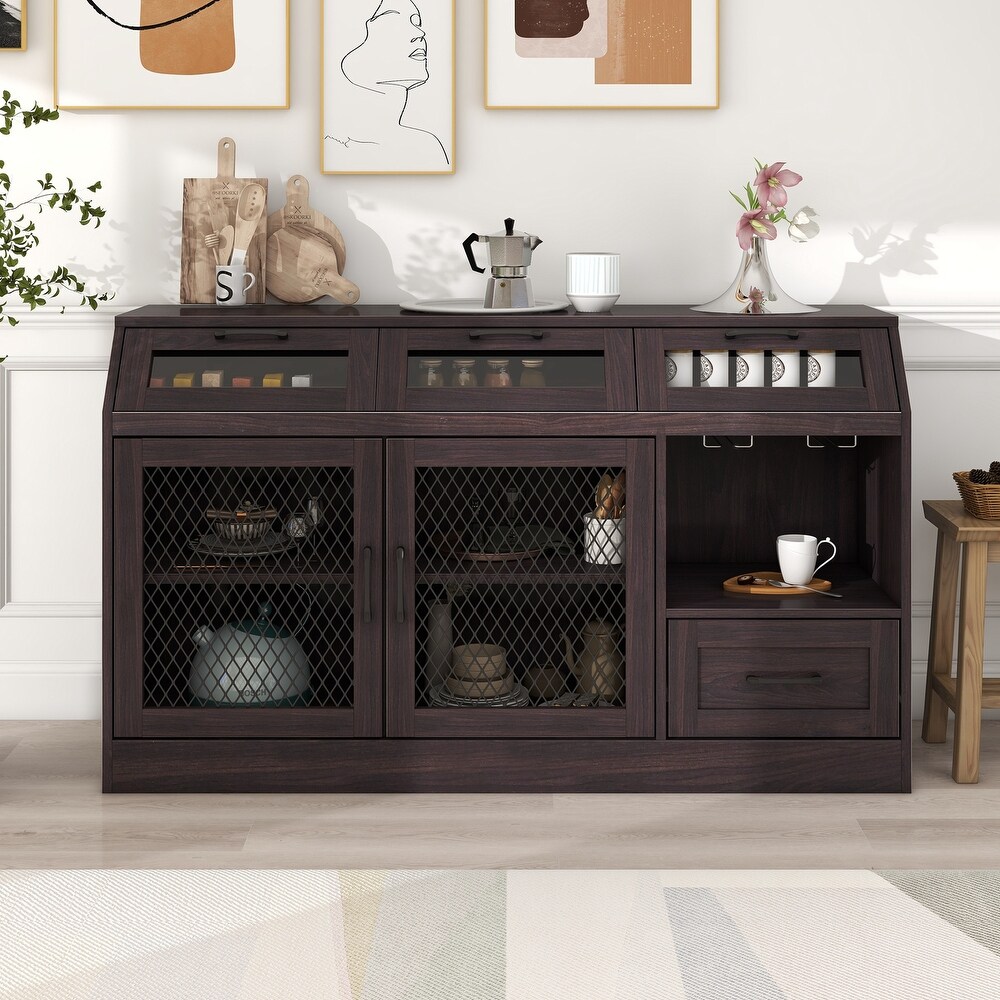 Kitchen Sideboard Multifunctional Buffet Cabinet with Drawers  Mesh Metal Doors and Wineglass Holders