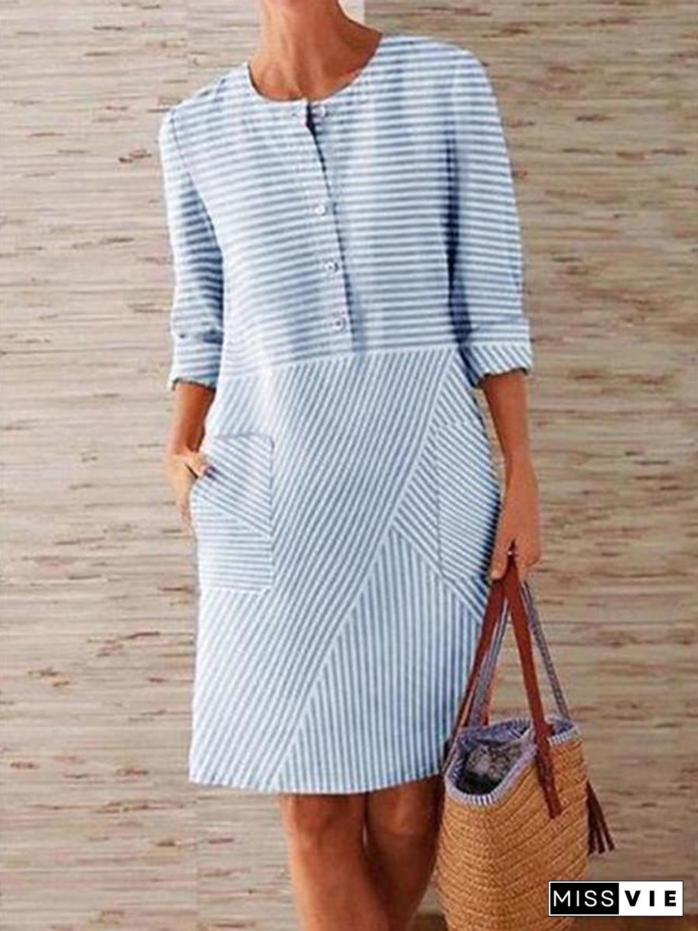 Women's Shift Dress Knee Length Dress - 3/4 Length Sleeve Striped Solid Color Summer Casual Holiday Loose Dress